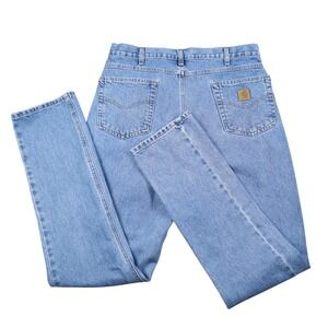 LIKE NEW 90s Carhartt LEATHER tab Mens 36x36 Blue Denim Work Pants Straight Leg